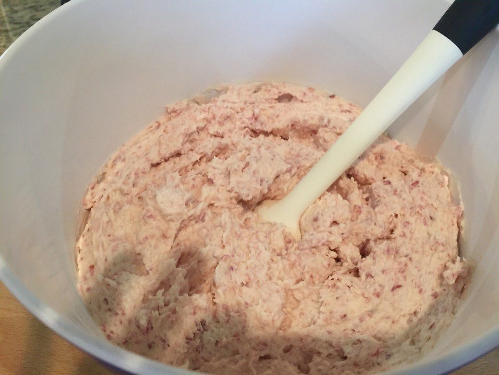 making the ham cheese mixture for the solid layer cake